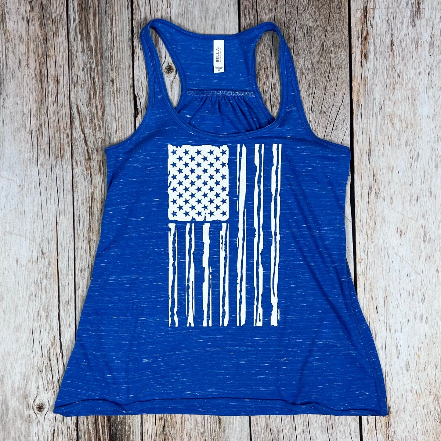 Distressed American Flag Glitter Women's Flowy Racerback Tank