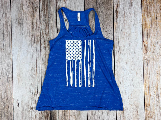 Distressed American Flag Glitter Women's Flowy Racerback Tank